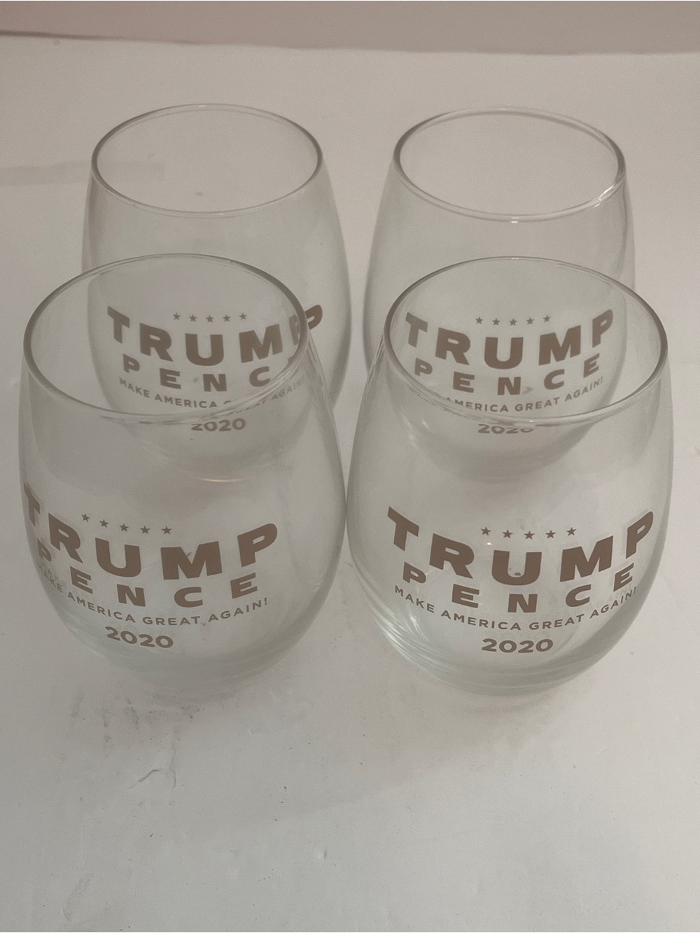 Trump Pence 2020 Stemless Wine Glass - Clear with Gold Logo